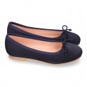 DARK BLUE Suede leather girl ballet flats with adjustable ribbon.