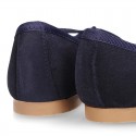 DARK BLUE Suede leather girl ballet flats with adjustable ribbon.