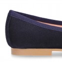 DARK BLUE Suede leather girl ballet flats with adjustable ribbon.