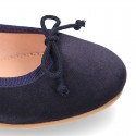 DARK BLUE Suede leather girl ballet flats with adjustable ribbon.