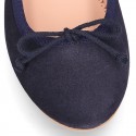 DARK BLUE Suede leather girl ballet flats with adjustable ribbon.