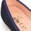 DARK BLUE Suede leather girl ballet flats with adjustable ribbon.