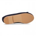 DARK BLUE Suede leather girl ballet flats with adjustable ribbon.