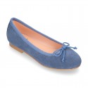 Classic colors Suede leather girl ballet flats with adjustable ribbon.