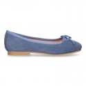 Classic colors Suede leather girl ballet flats with adjustable ribbon.