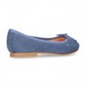 Classic colors Suede leather girl ballet flats with adjustable ribbon.