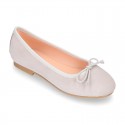 Classic colors Suede leather girl ballet flats with adjustable ribbon.