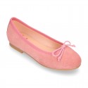 Classic colors Suede leather girl ballet flats with adjustable ribbon.