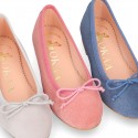 Classic colors Suede leather girl ballet flats with adjustable ribbon.