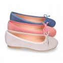 Classic colors Suede leather girl ballet flats with adjustable ribbon.