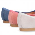 Classic colors Suede leather girl ballet flats with adjustable ribbon.