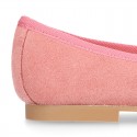 Classic colors Suede leather girl ballet flats with adjustable ribbon.