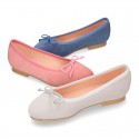 Classic colors Suede leather girl ballet flats with adjustable ribbon.