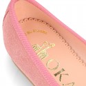 Classic colors Suede leather girl ballet flats with adjustable ribbon.