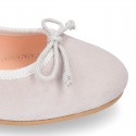 Classic colors Suede leather girl ballet flats with adjustable ribbon.