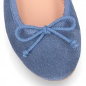 Classic colors Suede leather girl ballet flats with adjustable ribbon.