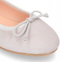 Classic colors Suede leather girl ballet flats with adjustable ribbon.