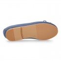 Classic colors Suede leather girl ballet flats with adjustable ribbon.