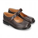 School Classic girl Nappa leather little Mary Jane shoes with perforated design and hook and loop strap.