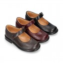 School Classic girl Nappa leather little Mary Jane shoes with perforated design and hook and loop strap.