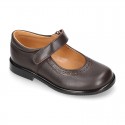 School Classic girl Nappa leather little Mary Jane shoes with perforated design and hook and loop strap.