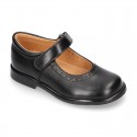 School Classic girl Nappa leather little Mary Jane shoes with perforated design and hook and loop strap.