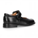 School Classic girl Nappa leather little Mary Jane shoes with perforated design and hook and loop strap.