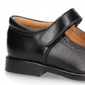 School Classic girl Nappa leather little Mary Jane shoes with perforated design and hook and loop strap.