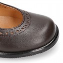 School Classic girl Nappa leather little Mary Jane shoes with perforated design and hook and loop strap.