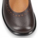 School Classic girl Nappa leather little Mary Jane shoes with perforated design and hook and loop strap.