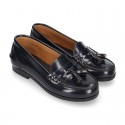 Classic school GIRL Moccasin shoes with tassels in Antik leather.