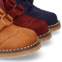 Suede leather kids SPORT English style ankle boots with mountain soles.