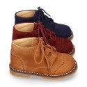 Suede leather kids SPORT English style ankle boots with mountain soles.