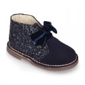 Girl GLITTER and suede leather safari boots with velvet ties closure.