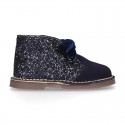 Girl GLITTER and suede leather safari boots with velvet ties closure.