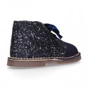 Girl GLITTER and suede leather safari boots with velvet ties closure.