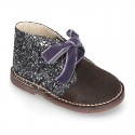 Girl GLITTER and suede leather safari boots with velvet ties closure.