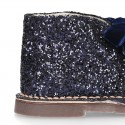 Girl GLITTER and suede leather safari boots with velvet ties closure.