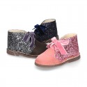 Girl GLITTER and suede leather safari boots with velvet ties closure.