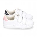 Washable Nappa leather OKAA kids tennis shoes laceless.