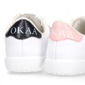 Washable Nappa leather OKAA kids tennis shoes laceless.