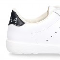 Washable Nappa leather OKAA kids tennis shoes laceless.