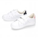 Washable Nappa leather OKAA kids tennis shoes laceless.