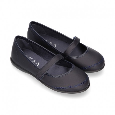 Washable Nappa leather School Mary Jane shoes with hook and loop strap closure.