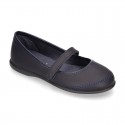 Washable Nappa leather School Mary Jane shoes with hook and loop strap closure.