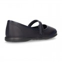Washable Nappa leather School Mary Jane shoes with hook and loop strap closure.