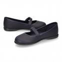 Washable Nappa leather School Mary Jane shoes with hook and loop strap closure.