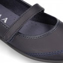 Washable Nappa leather School Mary Jane shoes with hook and loop strap closure.