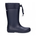 School rain boot shoes with adjustable neck.
