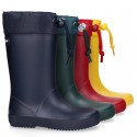 School rain boot shoes with adjustable neck.